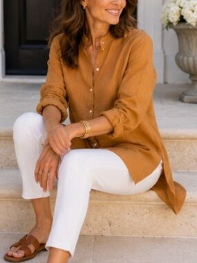 Charlotte Kellogg Palm Beach Wendy Linen Tunic  Camel Excellent Size S